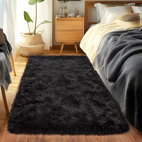 Miniatura 3 de Alfombra Pasillo Negra para Dormitorio y Pasillos, Alfombras de Área Mullidas de 2x6 Pies Antideslizantes para Mesita de Noche y Dormitorio