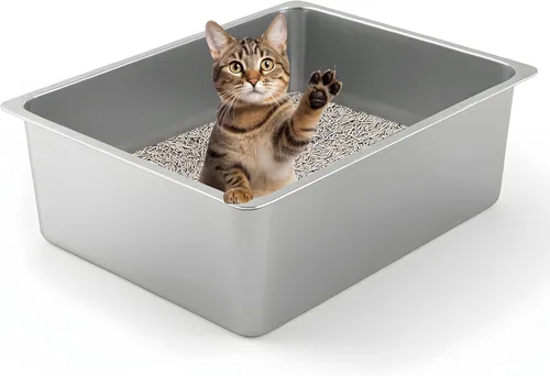 Miniatura 13 de Kirecoo - Caja de arena para gatos de acero inoxidable, bandeja de arena para gatos pequeña de metal con lados altos, bandeja de arena
