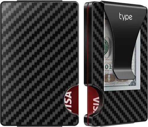 typecase Cartera minimalista para hombre tarjetero de metal con clip extraíble para dinero, fibra de carbono real, bloqueo RFID, delgada,