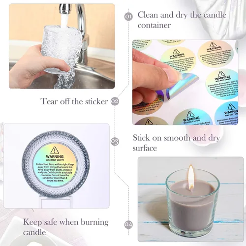 Miniatura 3 de 240 etiquetas holográficas de advertencia de velas, calcomanías de seguridad de fusión de cera para frascos, latas, envases de fabricación