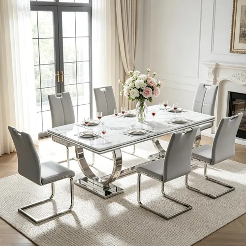 Miniatura 21 de Juego de mesa de comedor de mármol para 4, mesa de cocina rectangular de mármol blanco de 70 pulgadas con base en O de acero inoxidable dorado
