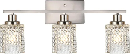 Miniatura 15 de MELUCEE Aplique de pared de 2 luces con pantalla de vidrio martillado, luces de baño de níquel cepillado sobre el espejo, accesorios de iluminación