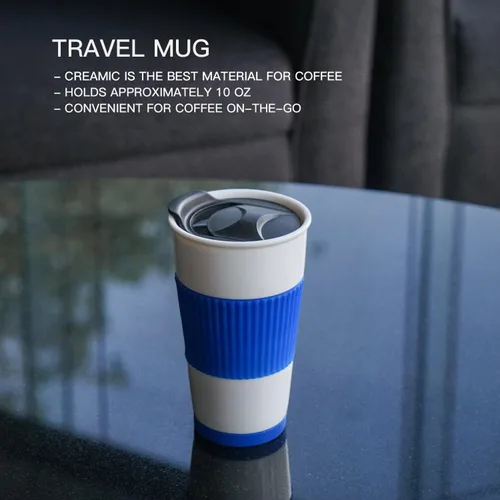 Miniatura 4 de Taza de café de viaje de cerámica de doble pared aislada con tapa deslizante, funda de silicona y portavasos incorporado, 10 fl.oz (Azul)