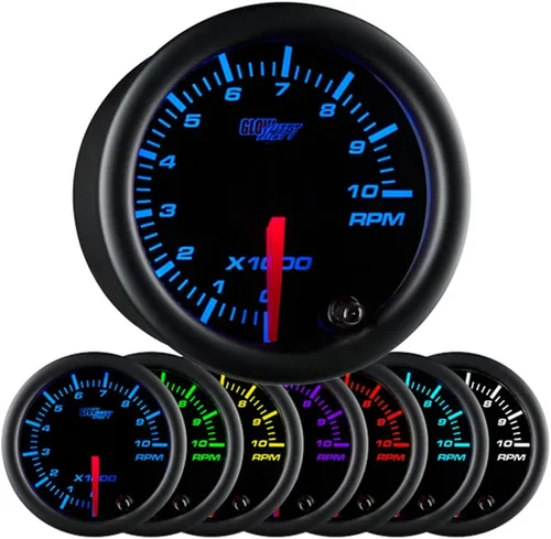 GlowShift Tacómetro negro de 7 colores, 10,000 rpm, para motores de gasolina de 1 a 10 cilindros, esfera negra, lente transparente, 2-1/16 pulgadas,