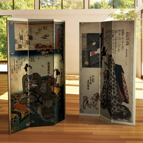 Miniatura 6 de Red Lantern Divisor de habitación de lona inspirado en la dinastía de doble cara de 6 pies de alto, figuras japonesas