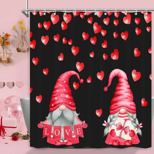 Cortina de ducha de gnomo de San Valentín, decoración romántica de baño con corazones rojos, juego de cortinas de baño rojas y negras, decoración