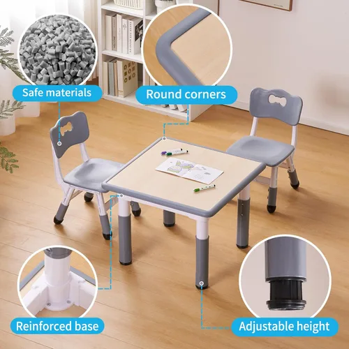 Miniatura 5 de UNICOO - Juego de mesa y sillas de estudio de tres piezas para niños de 23 x 23 pulgadas, escritorio artístico de plástico para niños de altura Tapa