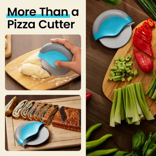 Miniatura 7 de Rueda para cortar pizza con protección para cuchilla Kitchy, rebanador súper afilado y fácil de limpiar, de acero inoxidable, Azul