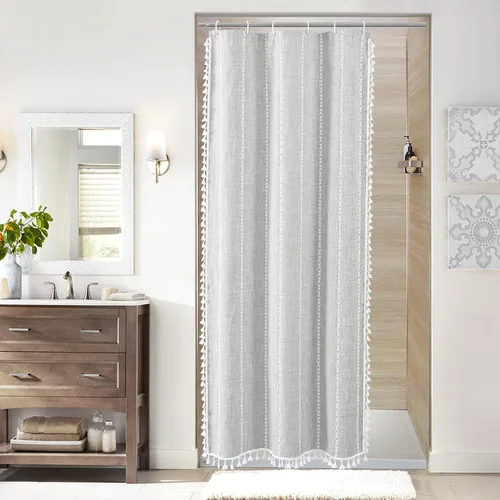 Miniatura 28 de MitoVilla - Juego de cortina de ducha de tela de granja gris, cortinas de ducha de poliéster y lino modernas estilo bohemio para decoración de baño