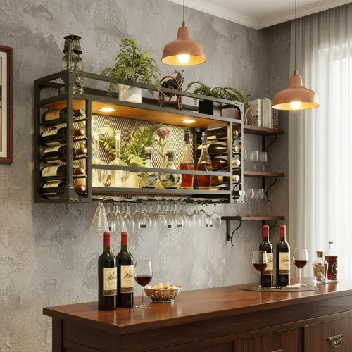 Miniatura 5 de Estantes de vino de pared de 31.4 pulgadas, estante de vino colgante, soporte de vino de gran capacidad, se puede colgar o montar en la pared, tipo