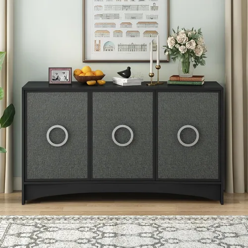 Miniatura 3 de Armario de almacenamiento de diseño curvo, armario de almacenamiento con 3 puertas y estantes ajustables, puertas de gabinete de lino, mango redondo