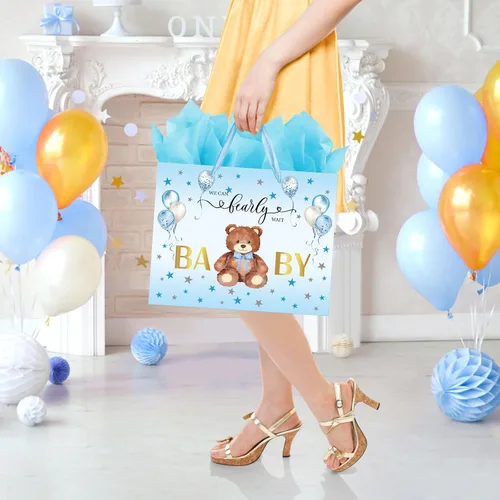 Miniatura 6 de Laidans Bolsa grande de regalo de cumpleaños para baby shower de 13 pulgadas para niño con papel de seda y tarjeta, globos azules, diseño de oso