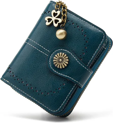 Miniatura 9 de Cartera pequeña para mujer, de piel, plegable, compacta, con bloqueo RFID, con bolsillo con cremallera para monedas, A01 Rojo Vino, Classic