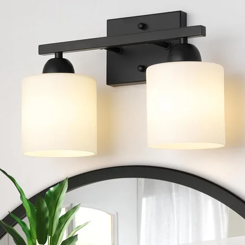 Miniatura 12 de Mecgirn Luces de tocador de vidrio de leche de acero inoxidable para baño, 2 lámparas de baño doradas claras sobre espejo, enchufes E26 de cerámica