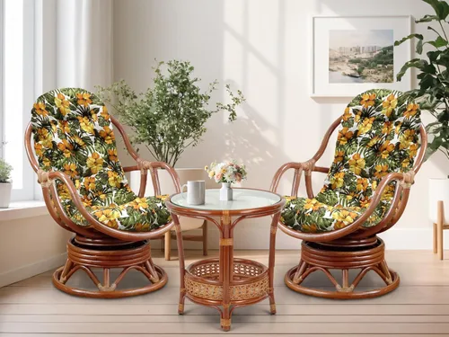 Juego de 2 mecedoras giratorias Bali Lounge con cojín floral y mesa de centro redonda Pelangi, mimbre de ratán natural, hecho a mano, color colonial