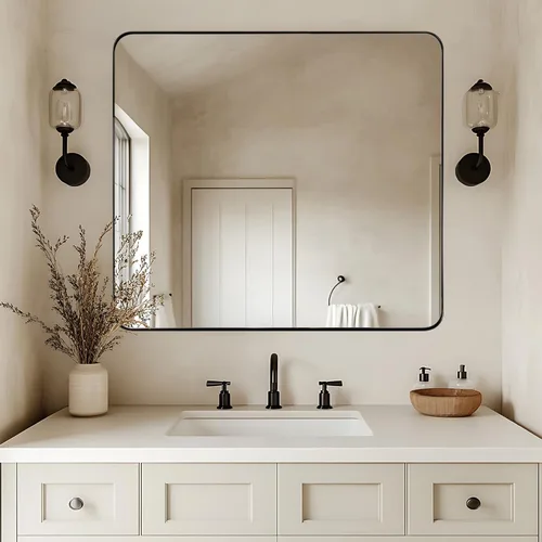 Miniatura 34 de ANDY STAR Espejo cromado para baño, espejo de pared con marco de metal de 22 x 30 pulgadas, espejo rectangular de acero inoxidable con esquina