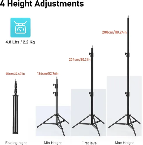 Miniatura 2 de Soporte de luz para fotografía, 110 pulgadas/9.2 pies/110.2 in, trípode plegable inversa portátil con bolsa de viaje de aluminio resistente