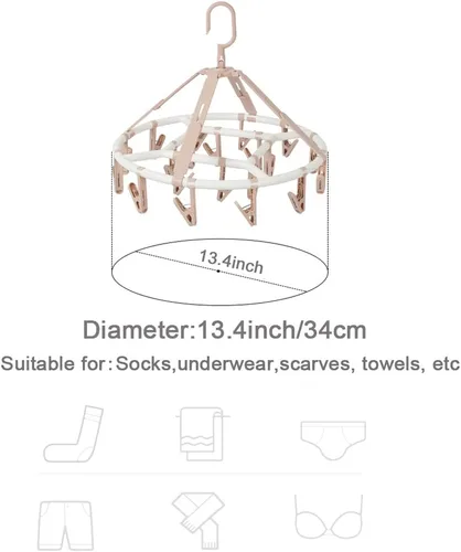 Miniatura 2 de Foshine Perchas de secado de ropa plegables de plástico con 20 clips de secado (círculo rosa claro)