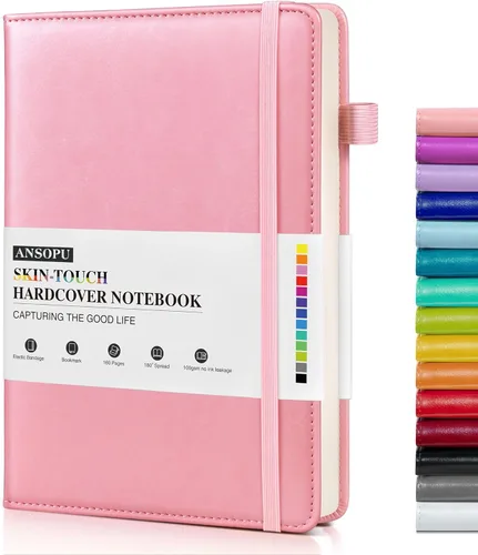 Ansopu Cuaderno rayado para mujeres, A5 100 GSM papel grueso, diario de cuero rosa para escribir, diario de viaje 160 páginas (14.6 x 21.3 cm)