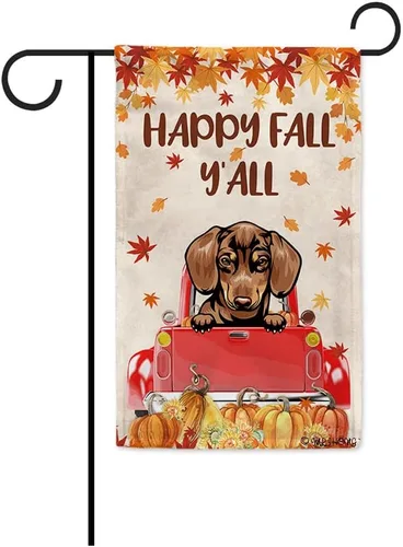 Miniatura 28 de Bandera con texto en inglés «Happy Fall Y'all» con diseño de perro inteligente con calabaza en camión rojo y hojas de arce, pancarta de otoño