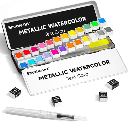 Shuttle Art - Pinturas de acuarela metálicas, 24 colores de pintura de acuarela con purpurina en medias sartenes con pincel de agua, almohadilla de