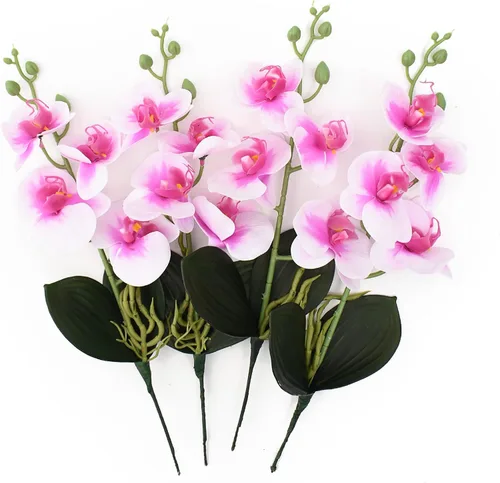 Miniatura 8 de Flores artificiales de Phalaenopsis, 4 unidades, orquídeas de seda falsas de 15 pulgadas con hojas de tallo para decoración del hogar, oficina, Rosa
