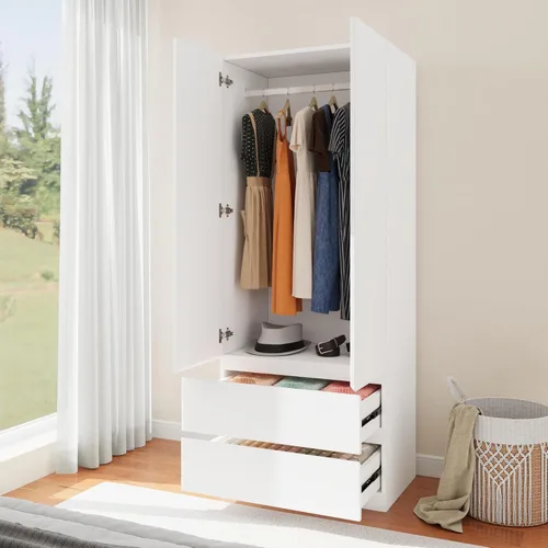 Miniatura 4 de Armario de madera con 2 puertas, armario de dormitorio de 79 pulgadas con 2 cajones, armario para ropa con barra para colgar y estantes, armarios