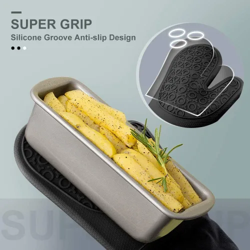 Miniatura 3 de sungwoo Guantes de horno de silicona, resistentes al calor, con forro acolchado, agarre texturizado antideslizante, perfectos para barbacoa, Negro