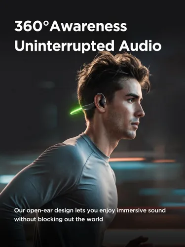 Miniatura 4 de HAKII Light 2 Auriculares abiertos de oído abierto, IPX5 Auriculares para correr con cuerda de baliza ultra brillante de 180°, BT 6.0, tiempo