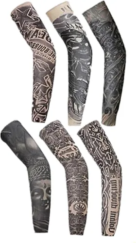 Mangas de tatuaje temporales falsas para hombres y mujeres, mangas de protección solar para brazos (juego oscuro unisex, paquete de 6)