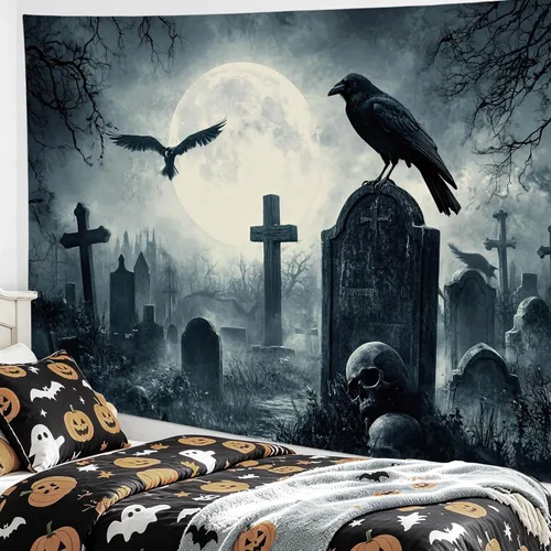 Miniatura 5 de EOBTAIN Scary Halloween Tapestry Gothic Black Crow Skull in Horror Graveyard Tapestry Wall Hanging Spooky Raven under Misty Full Moon Night Wall Art