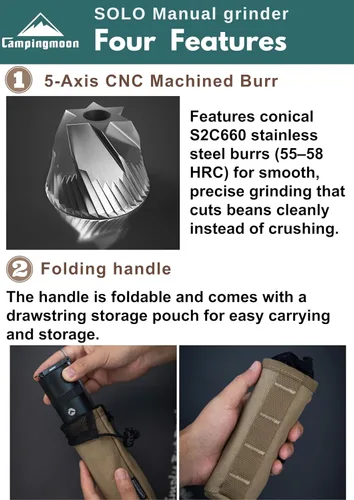 Miniatura 4 de CAMPINGMOON Molinillo de café manual portátil con mango plegable integrado, molinillo de mano CNC de acero inoxidable, molino cónico profesional
