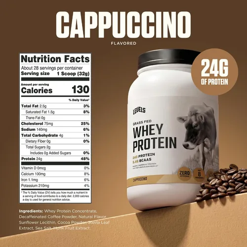 Miniatura 3 de Levels Proteína de Suero Alimentada con Pasto en Polvo, Sin Artificiales, 24G de Proteína, Cappuccino, 2LB