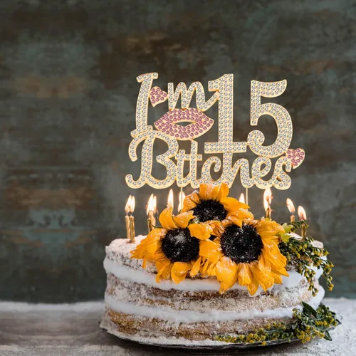 Miniatura 4 de ¡Soy el topper de pastel de cumpleaños número 15 divertido en oro y rosa con strass - ¡Feliz cumpleaños número 15, saludos a los quince años!