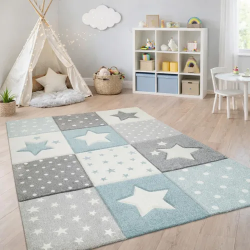 Paco Home Alfombra infantil para guardería a cuadros con puntos y estrellas en azul, blanco y gris, tamaño: 3'11" redonda