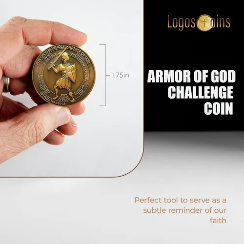 Miniatura 3 de 1 moneda de desafío de armadura de Dios, versículo bíblico de Efesios 6:10, moneda de desafío cristiano chapada en oro antiguo de 1.75 pulgadas