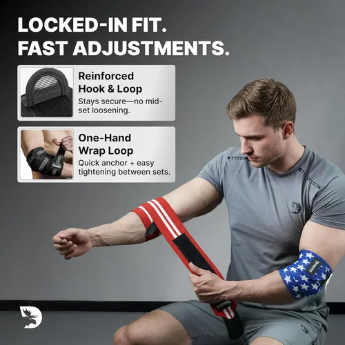 Miniatura 5 de DMoose Fitness Elbow Wraps for Weightlifting (Pair) - 40'' Adjustable Strap for Gym Workout & Bench Press, Compression Elbow Sleeves for Tendonitis