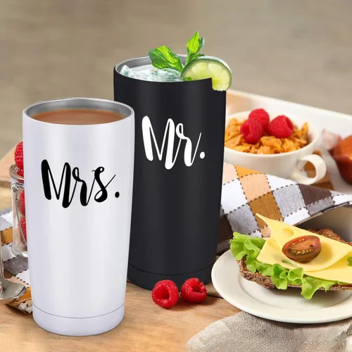 Miniatura 5 de Mr and Mrs - Juego de 2 vasos de viaje de acero inoxidable para recién casados, parejas, esposa, novia, despedida de soltera, vaso de viaje aislado