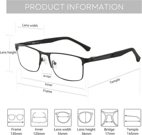 Miniatura 5 de ZENOTTIC Gafas de lectura para hombre: gafas de luz azul con marco cuadrado de metal, almohadillas nasales para lectores de computadora, lentes