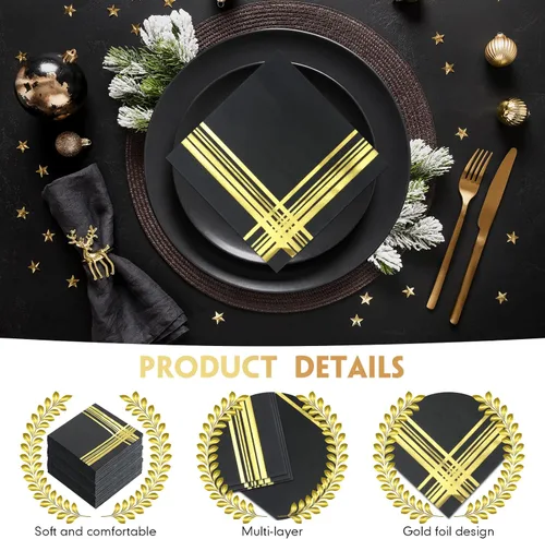Miniatura 3 de Mimorou 200 servilletas de cóctel negras y doradas, 5 x 5 pulgadas, servilletas desechables de postre con ribete dorado para graduación, boda