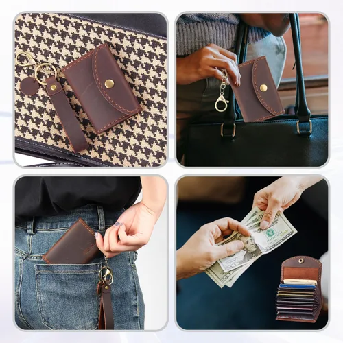 Miniatura 6 de Cartera de cuero genuino para tarjetas de crédito, organizador de tarjetas de crédito para mujeres y hombres, monedero pequeño llavero, Café, Simple