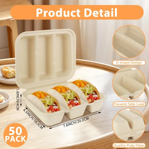 Miniatura 2 de JMIATRY 50 soportes desechables para tacos con tapas, platos desechables para tacos con 3 compartimentos, divisores de fibra de pulpa, desechables