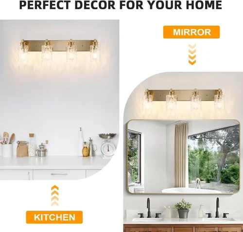 Miniatura 7 de Accesorios de lámpara de tocador de baño de 2 luces, moderna lámpara de baño dorada cepillada sobre espejo con pantalla de vidrio martillado