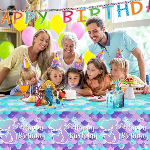 Miniatura 6 de 1 mantel de sirena – Mantel de sirena de feliz cumpleaños, mantel rectangular de plástico desechable con diseño de sirenas para decoración