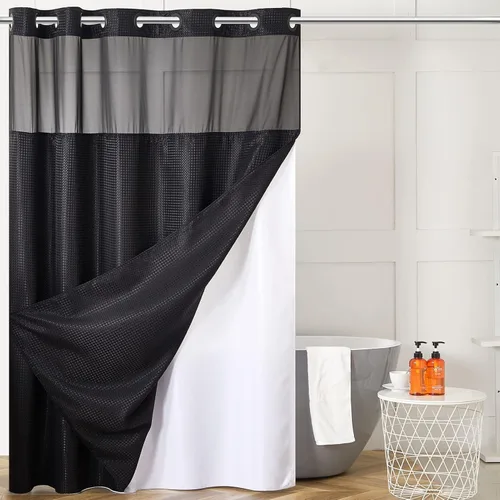 Miniatura 10 de Furlinic - Cortina de ducha para cabina sin ganchos con forro a presión, cortinas de baño de tejido gofre impermeables con ventana superior Beige