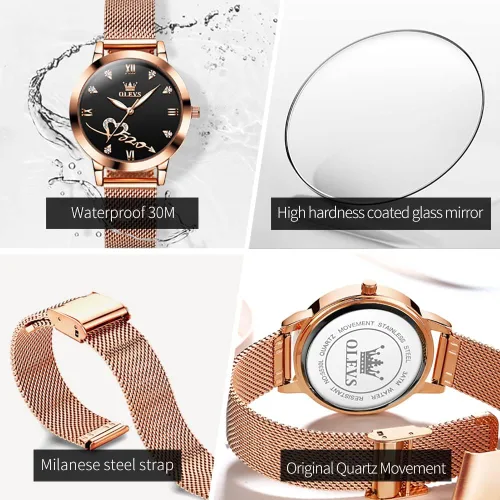 Miniatura 6 de OLEVS Relojes para mujer, correa de malla de oro rosa, vestido de moda, cuarzo japonés, impermeable, luminoso, para mujer, conjunto de pulseras