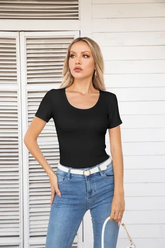 Miniatura 5 de VICHYIE Camisas de verano para mujer, cuello redondo, manga corta, acanaladas, ajustadas, casuales, básicas