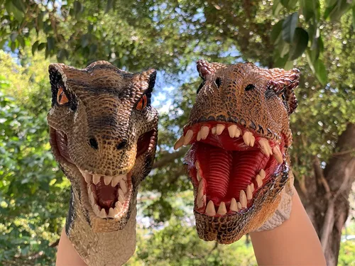 Miniatura 8 de Juguetes de dinosaurio, tiranosaurio Rex y velociraptor azul, marionetas de mano, juego de figuras de acción del mundo de dinosaurio, divertido