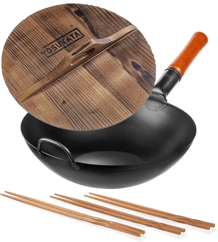 YOSUKATA Wok Pan de acero al carbono de 13,5 pulgadas + cubierta de wok premium de 13.5 pulgadas + palillos de cocina largos de madera natural,