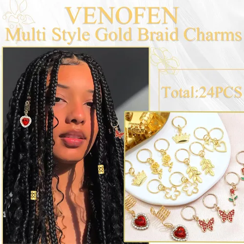 Miniatura 3 de 24 piezas de joyería para el cabello para trenzas de corazón rojo, mariposa, dijes para el día de San Valentín, joyería para trenzas de flores